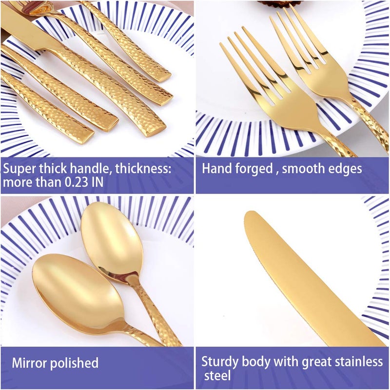 Kelenfer Silverware Set Flatware Set Gold Hammered Handle Cutlery Set Stainless Steel Shiny Mirror Polished Brass 20 Pieces Dishwasher Safe Service for 4 - Image 3